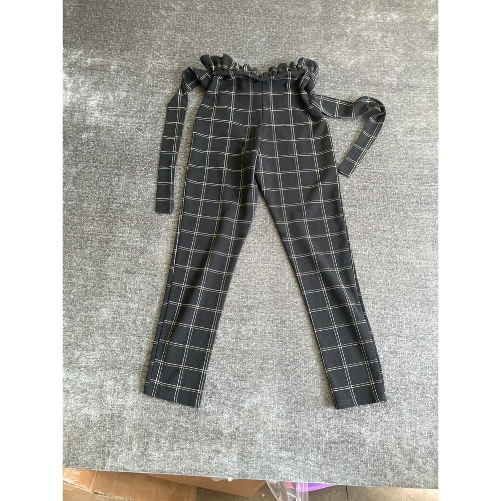 PrettyLittleThing Tweed Paperbag Pants Womens 2 Black Plaid Skinny Ruffle Waist